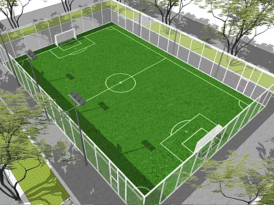 Fenced Outdoor Football Field With Green Turf Goalposts And Surrounding Trees 3d model
