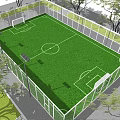 Fenced Outdoor Football Field With Green Turf Goalposts And Surrounding Trees