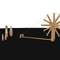 Outdoor Garden Ornaments Featuring Wooden Windmill And Various Height Decorative Bottles