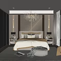 Elegant Modern Bedroom Interior With Crystal Chandelier King Bed Textured Wall Bedside Tables And Armchair