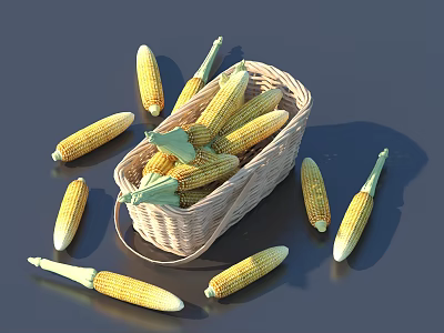 Fresh Yellow Corn Ears in Woven Basket and Scattered on Dark Background 3d model
