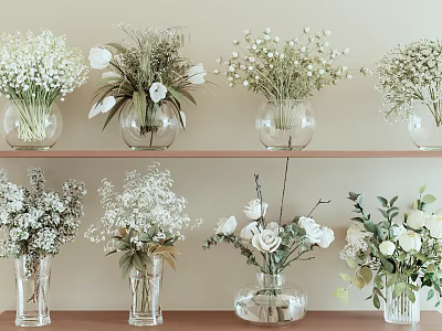 Clear Glass Vases With White Green Flowers On Interior Shelf 3d model