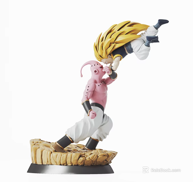 Anime Action Figure With Pink Character And Blonde Warrior In Fighting Pose On Rock Base 3d model 