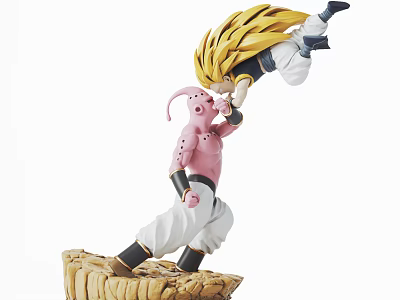 Anime Action Figure With Pink Character And Blonde Warrior In Fighting Pose On Rock Base 3d model