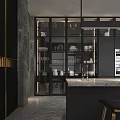 Modern Black Kitchen Interior With Island Counter Marble Top Glass Cabinets And Stools