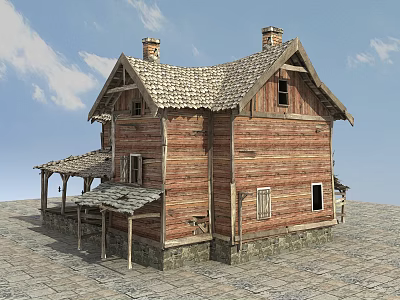 Old Wooden House With Two Chimneys Tile Roof Windows And Stone Slab Porch 3d model