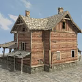 Old Wooden House With Two Chimneys Tile Roof Windows And Stone Slab Porch