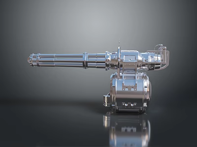 Futuristic Silver Metal Gatling Gun With Rotating Barrels And Mechanical Design 3d model