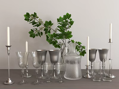 Stylish Wine Bottles And Glasses With Green Foliage Candles And Metal Candle Holders 3d model
