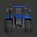 Blue Agricultural Tractor With Large Tires Cab And Orange Warning Lights