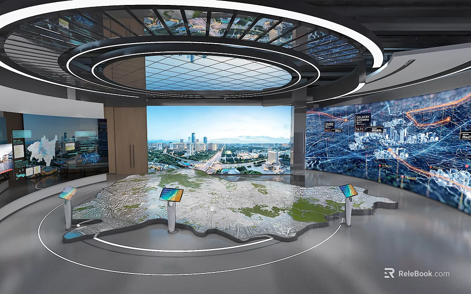 Modern Exhibition Hall Featuring Large Terrain Model Display Stands And Cityscape Screens 3d model 