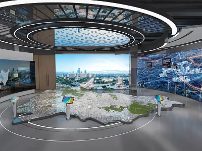 Modern Exhibition Hall Featuring Large Terrain Model Display Stands And Cityscape Screens 3d model
