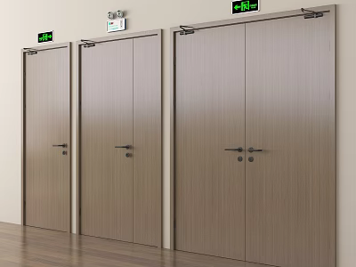 Three Wooden Exit Doors Side By Side With Green Exit Signs On Light Walls 3d model