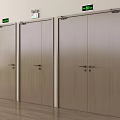 Three Wooden Exit Doors Side By Side With Green Exit Signs On Light Walls