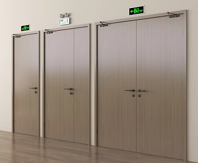 Three Wooden Exit Doors Side By Side With Green Exit Signs On Light Walls 3d model