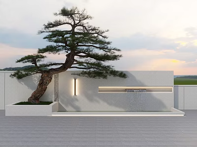 Tranquil Outdoor Landscape With Pine Tree White Wall Water Feature Stone Pavement And Sunset Sky 3d model