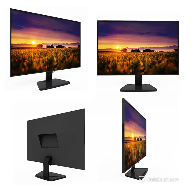 Modern Computer Monitor With Sleek Black Design And Scenic Sunset Wallpaper Multiple Angles View 3d model 