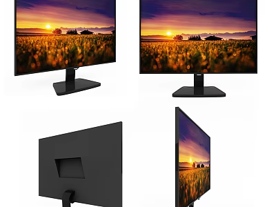 Modern Computer Monitor With Sleek Black Design And Scenic Sunset Wallpaper Multiple Angles View 3d model
