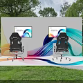 Two Black Gaming Chairs With Dual Monitors On Colorful Wave Backdrop Setup 3d model