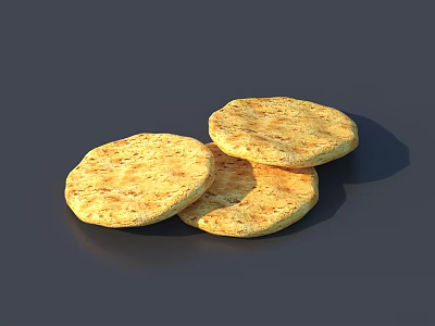 Golden Round Crispy Flatbreads With Three Pieces And Textured Surface On Dark Background 3d model