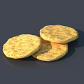 Golden Round Crispy Flatbreads With Three Pieces And Textured Surface On Dark Background 3d model