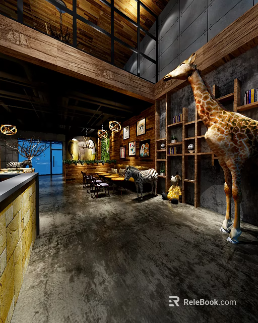 Unique Themed Restaurant Interior With Giraffe Statue Zebra Patterned Seats Wooden Shelves And Framed Artworks 3d model 
