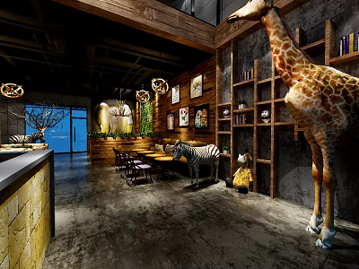 Unique Themed Restaurant Interior With Giraffe Statue Zebra Patterned Seats Wooden Shelves And Framed Artworks 3d model