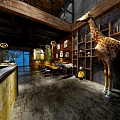 Unique Themed Restaurant Interior With Giraffe Statue Zebra Patterned Seats Wooden Shelves And Framed Artworks