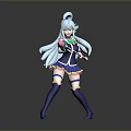 Anime Game Character With Blue Long Hair Bun Hairstyle Combat Pose Holding Pink Green Ball