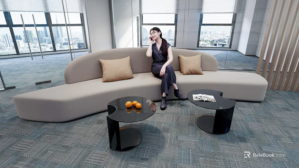 Modern Reception Area With Curved Beige Sofa Black Coffee Tables Oranges And City View 3d model 