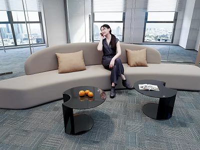 Modern Reception Area With Curved Beige Sofa Black Coffee Tables Oranges And City View 3d model