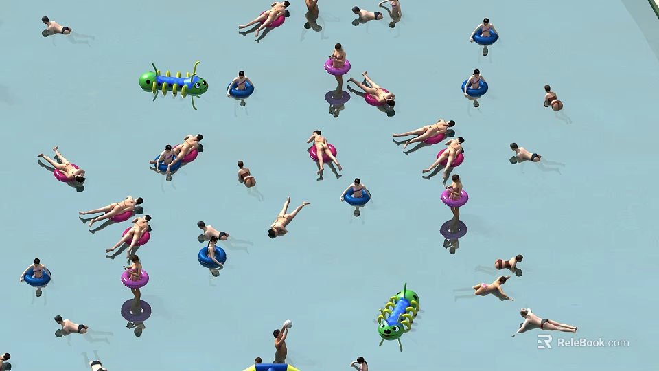 People Swimming And Floating With Colorful Inflatable Rings In Swimming Pool 3d model 