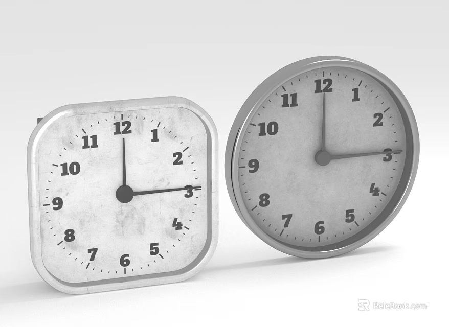 Two Square And Round Clocks With White Dial Black Numbers And Hands 3d model 