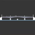 Pedestrian Bridge With Water Area Small Boat Pedestrians Columns Railing And Steps