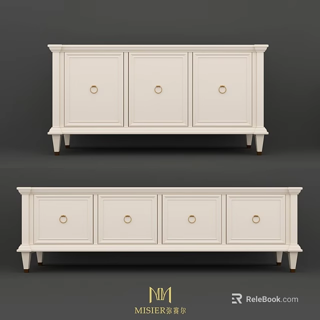 White Storage Cabinet With Round Knobs Multiple Doors And Elevated Legs Design 3d model 