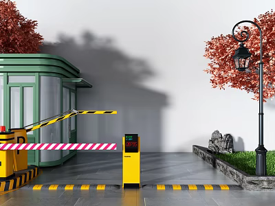 Parking Entrance With Barrier Gate Security Booth Street Lamp And Red Leaf Trees 3d model