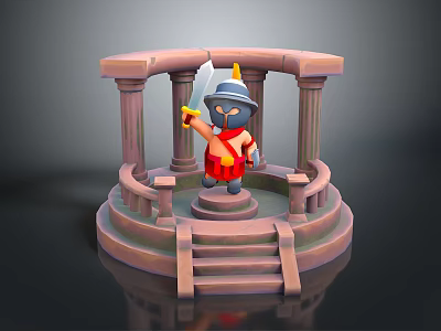 Man in Roman style helmet holding sword on platform with columns and steps 3d model