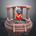 Man in Roman style helmet holding sword on platform with columns and steps