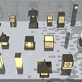 Various Styles Outdoor Lamps Arranged On Tile Floor With Wall Background