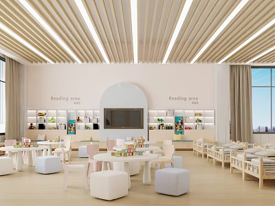Kindergarten Reading Area Interior With Bright Lighting Tables Chairs And Bookshelves 3d model