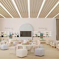 Kindergarten Reading Area Interior With Bright Lighting Tables Chairs And Bookshelves