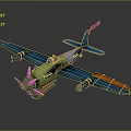 Cartoon Space Aircraft 3D Model With Green Body Blue Wings Pink Propeller and Orange Accents