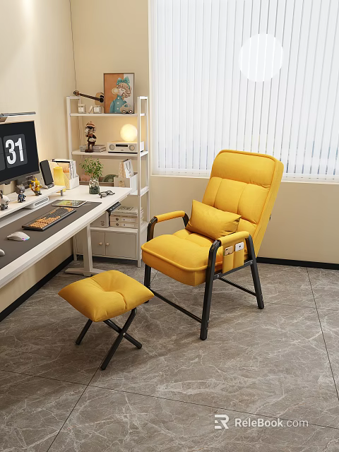 Cozy Yellow Desk Chair Set With Ottoman Computer Monitor And Home Office Plant 3d model 