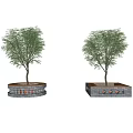 Two Tree Planters with Stone Base and Wooden Top Featuring Lush Green Trees 3d model