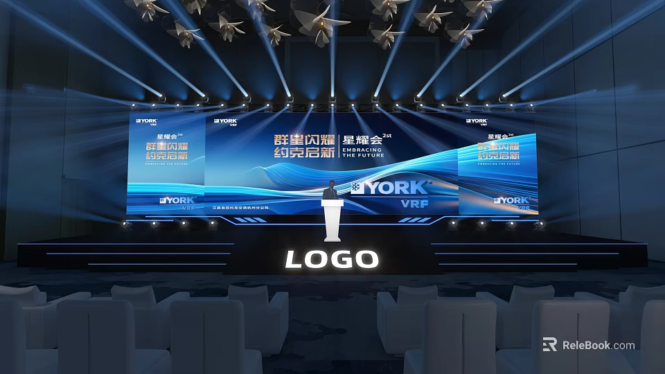Modern Banquet Hall Interior with Stage Large Screen Lighting And Seats 3d model 