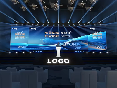 Modern Banquet Hall Interior with Stage Large Screen Lighting And Seats 3d model