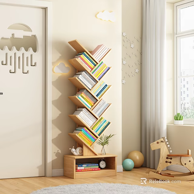 Slanting Tiered Bookcase in Kids Room with Colorful Books Wall Decor and Toys 3d model 