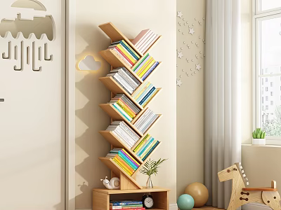 Slanting Tiered Bookcase in Kids Room with Colorful Books Wall Decor and Toys 3d model