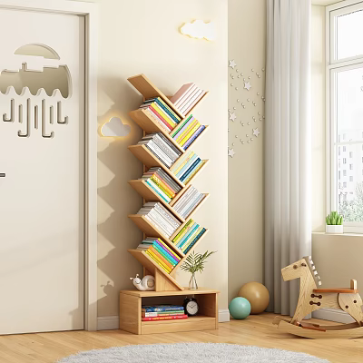 Slanting Tiered Bookcase in Kids Room with Colorful Books Wall Decor and Toys 3d model