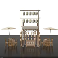 Japanese Street Food Stall With Wooden Structure Lanterns And Tables And Chairs